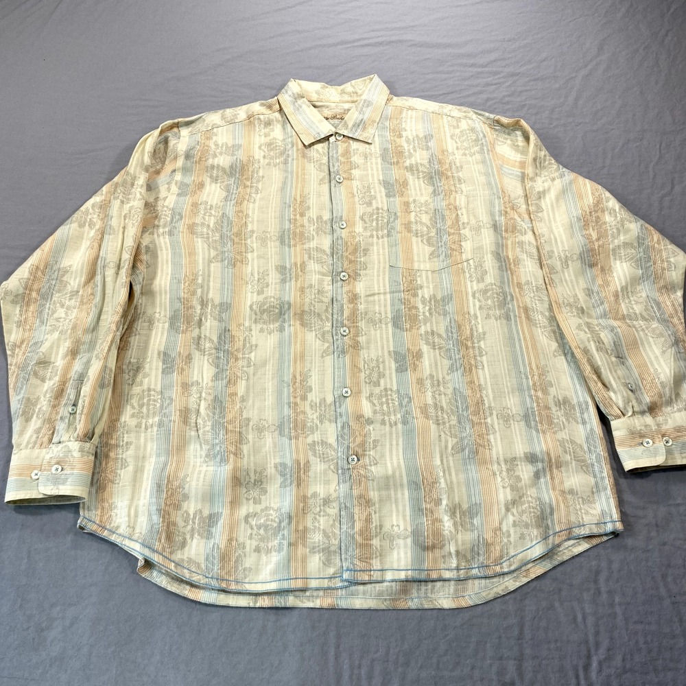 Tommy Bahama Shirt Mens XL Beige Floral Striped Linen Button‎ Up Casual Mens